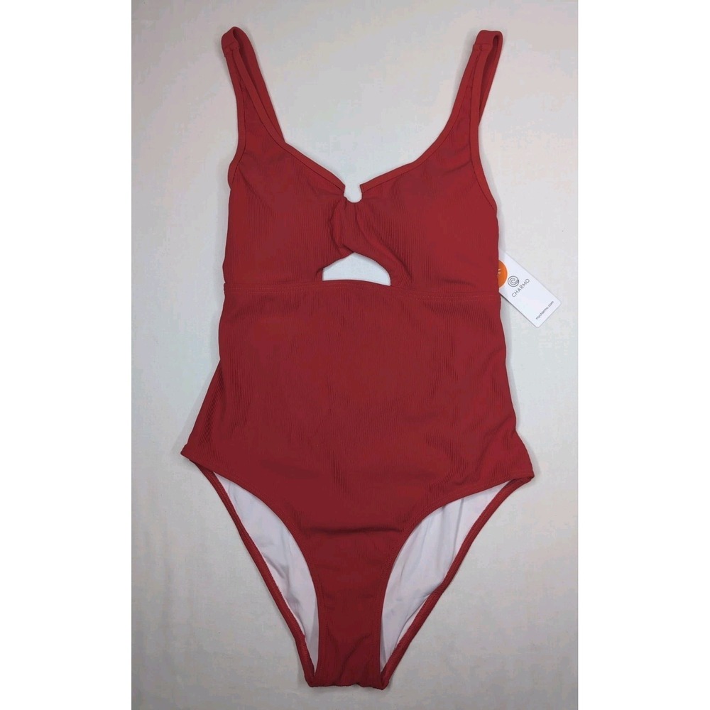 Charmo Women's Large Ribbed One Piece Swimsuit Cutout Swim Suit Padded Red